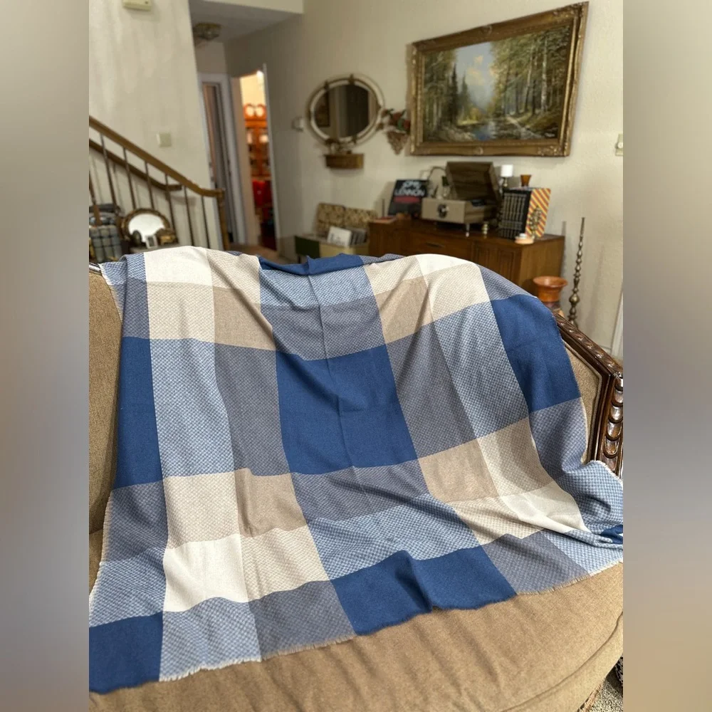 Vintage JC Penney Italian Plaid Wrap Scarf‎ Shawl 51x51 Blue Beige Check